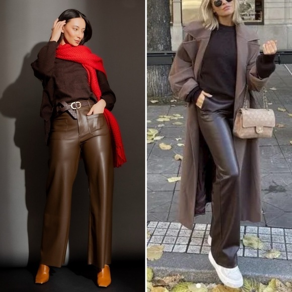 Vintage BCBGMaxAzria Lea Pants Leather Straight Chic Retro Western Brown 10 - Picture 4 of 16